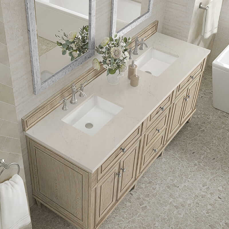 James Martin Lorelai 72 Inch Double Vanity in Whitewashed Oak With Siberian Silestone Top