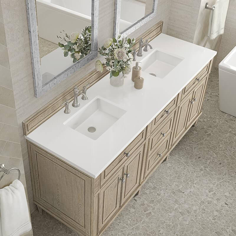 James Martin Lorelai 72 Inch Double Vanity in Whitewashed Oak With White Zeus Silestone Top