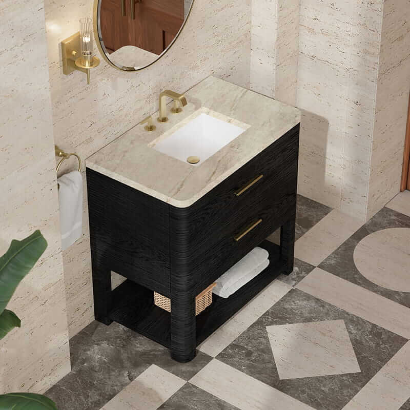 James Martin Lucian 36" Double Vanity in Carbon Oak With Tajnar Eclos Widespread Top