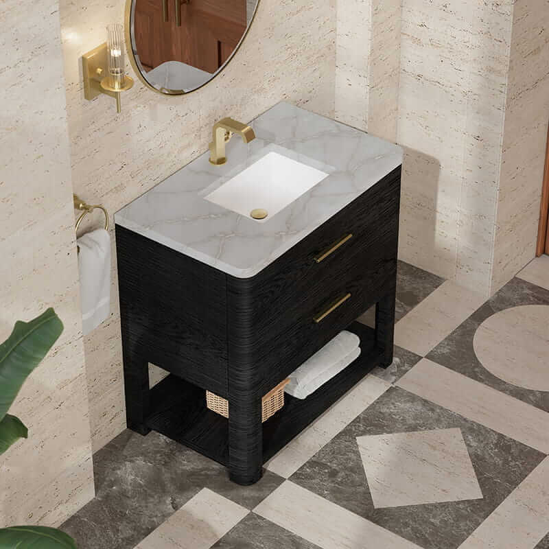 James Martin Lucian 36" Double Vanity in Carbon Oak With Victorian Silver Silestone Top