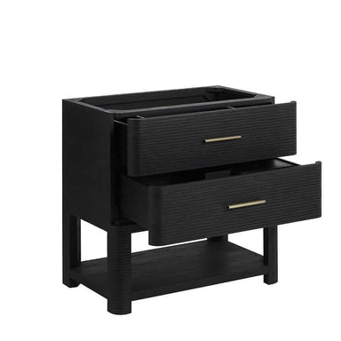 James Martin Lucian 36 Inch Double Vanity in Carbon Oak Corner View Open Drawers