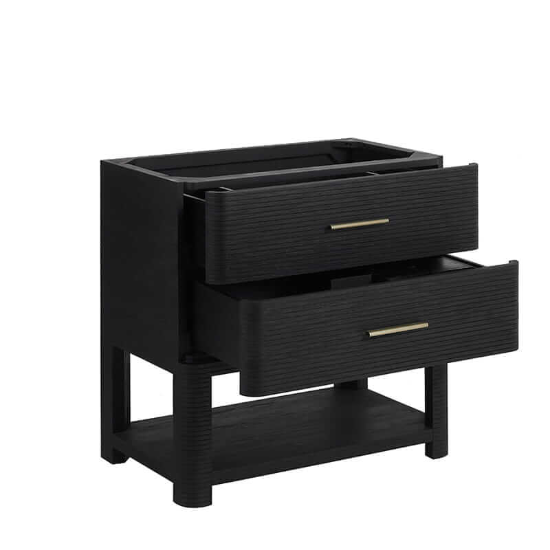 James Martin Lucian 36 Inch Double Vanity in Carbon Oak Corner View Open Drawers