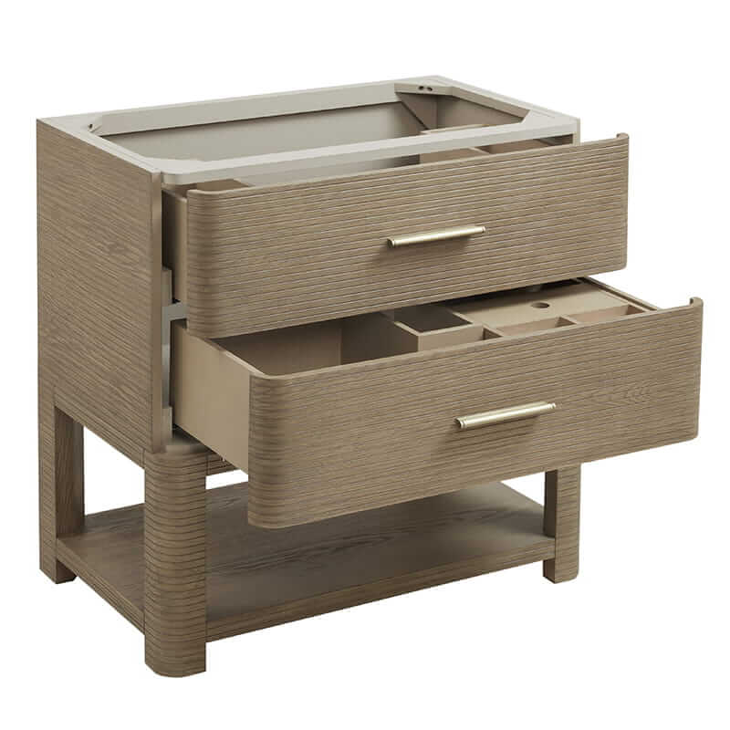 James Martin Lucian 36 Inch Double Vanity in Pebble Oak Corner View Open Drawers