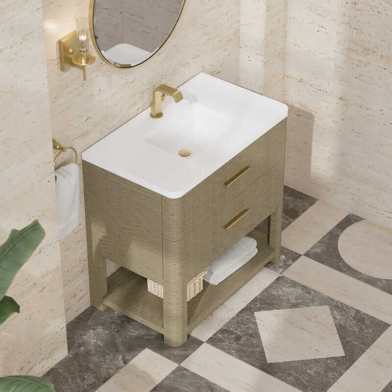 James Martin Lucian 36 Inch Double Vanity in Pebble Oak With White Zeus Silestone Top