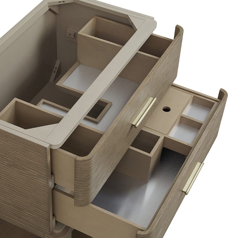 James Martin Lucian 36" Single Vanity in Pebble Oak Top View Open Drawers