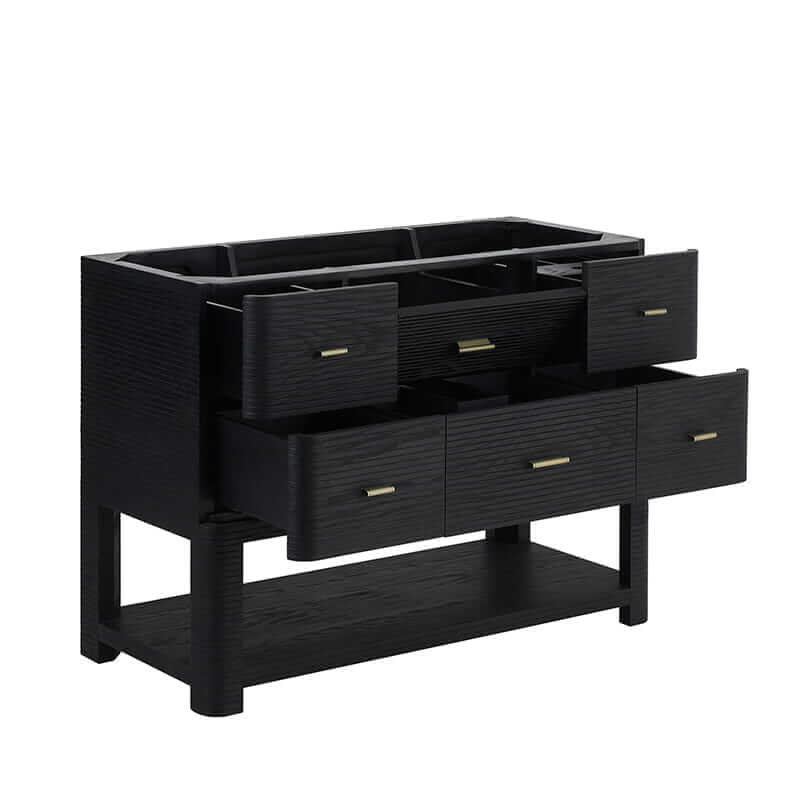 James Martin Lucian 48 Inch Single Vanity in Carbon Oak Corner View Open Drawers