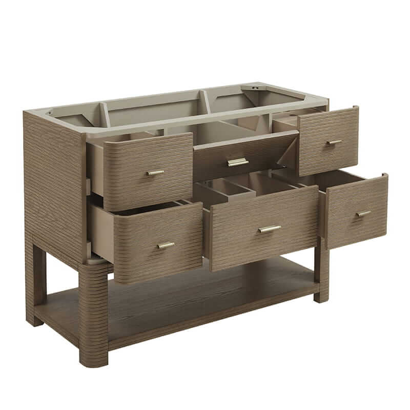 James Martin Lucian 48 Inch Single Vanity in Pebble Oak Corner View Open Drawers