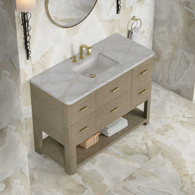James Martin Lucian 48 Inch Single Vanity in Pebble Oak With Victorian Silver Silestone Widespread Top