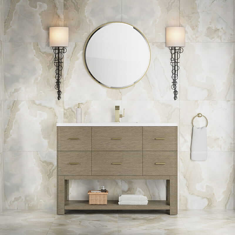 James Martin Lucian 48 Inch Single Vanity in Pebble Oak With White Zeus Silestone Top Front View Lifestyle