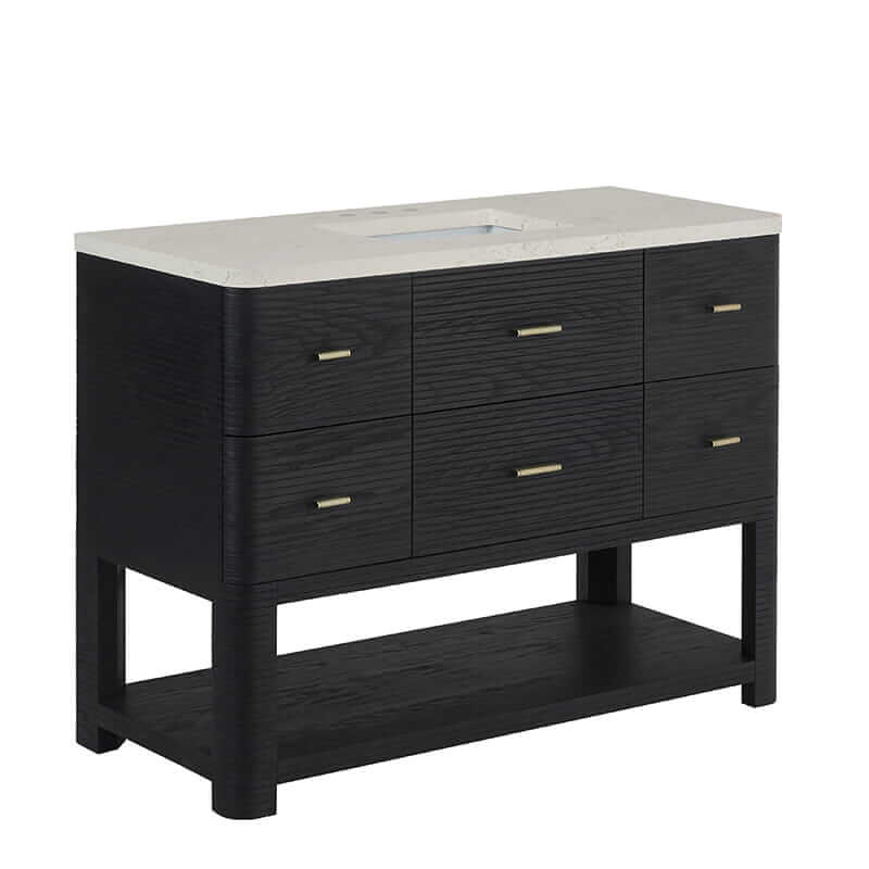 James Martin Lucian 48" Single Vanity in Carbon Oak With Siberian Silestone Widespread Top Corner View Lifestyle
