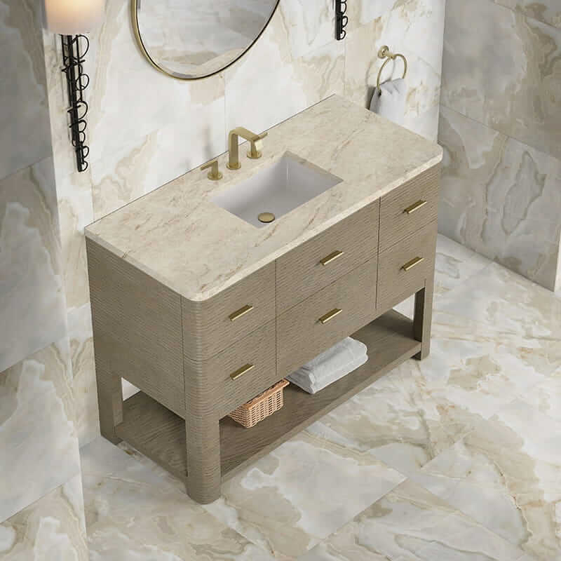 James Martin Lucian 48" Single Vanity in Pebble Oak With Tajnar Eclos Widespread Top