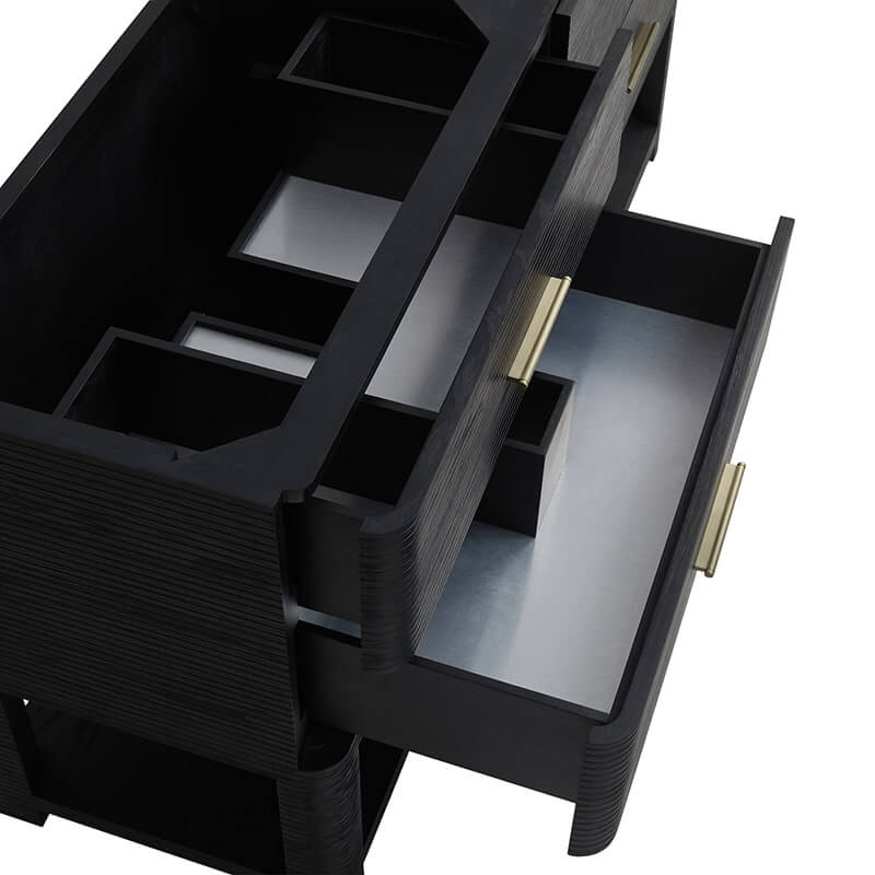 James Martin Lucian 72" Double Vanity in Carbon Oak Top View Open Drawers