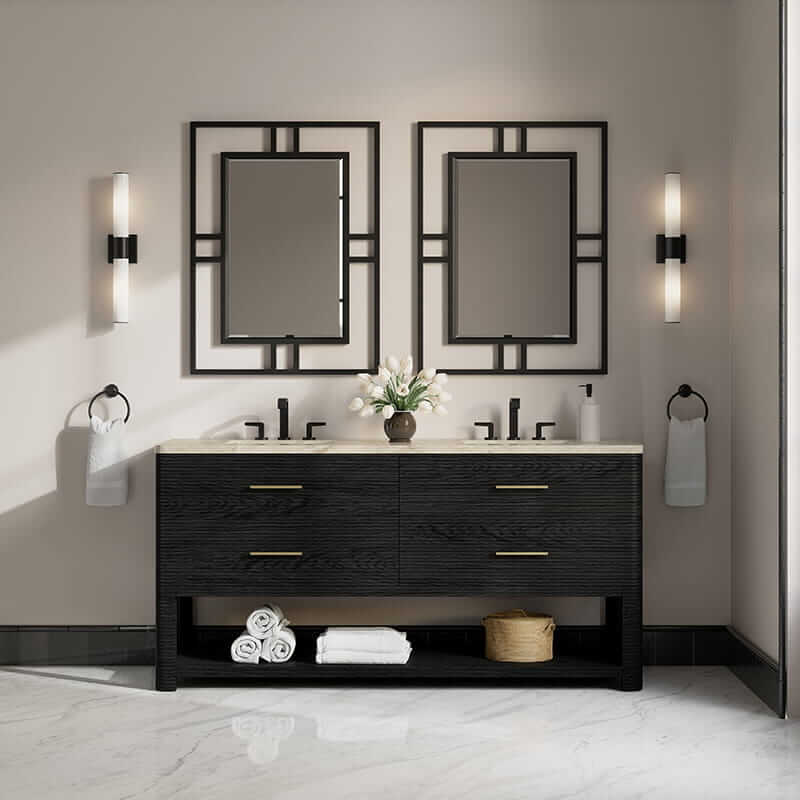 James Martin Lucian 72" Double Vanity in Carbon Oak With Tajnar Eclos Widespread Top Front View Lifestyle