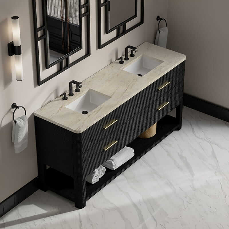 James Martin Lucian 72" Double Vanity in Carbon Oak With Tajnar Eclos Widespread Top