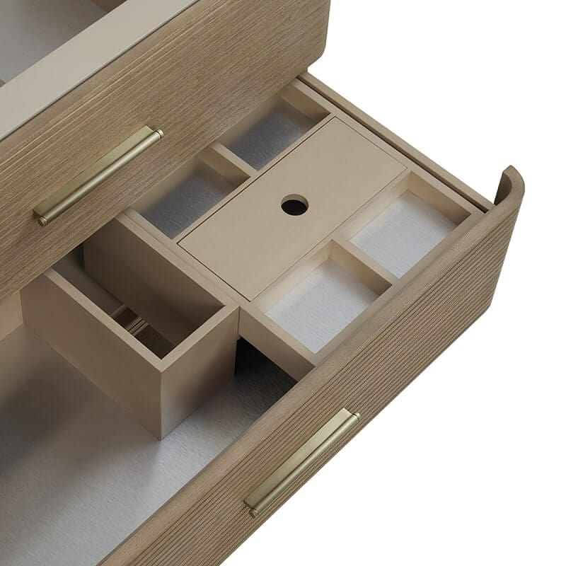 James Martin Lucian 72" Double Vanity in Pebble Oak Top View Open Drawers