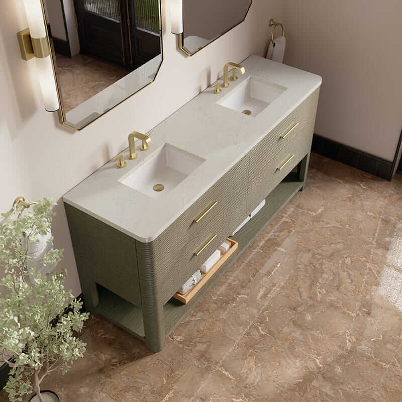 James Martin Lucian 72" Double Vanity in Pebble Oak With Siberian Silestone Widespread Top