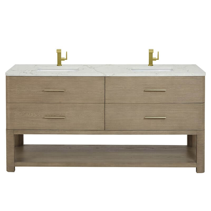 James Martin Lucian 72" Double Vanity in Pebble Oak With Victorian Silver Silestone Top