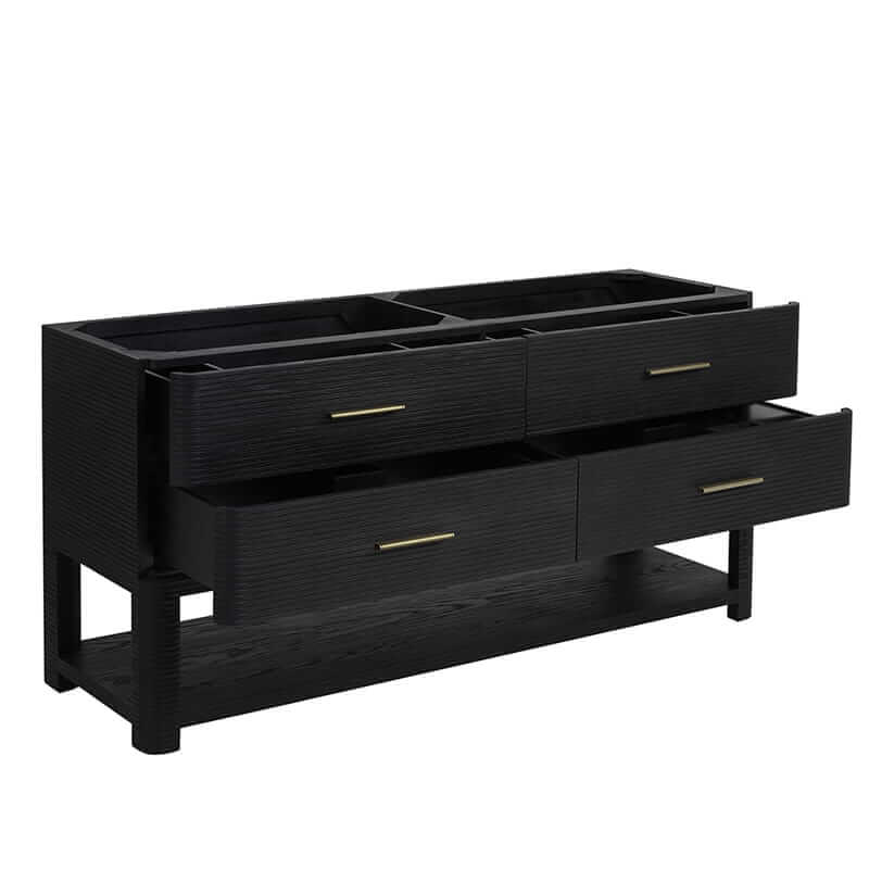 James Martin Lucian 72 Inch Double Vanity in Carbon Oak Corner View Open Drawers