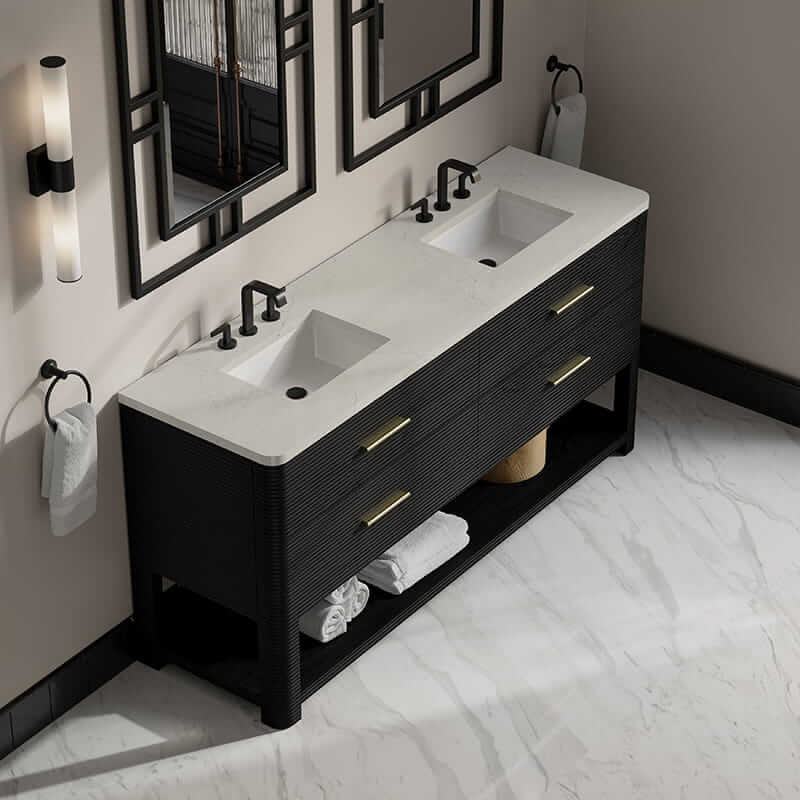 James Martin Lucian 72 Inch Double Vanity in Carbon Oak With Siberian Silestone Widespread Top