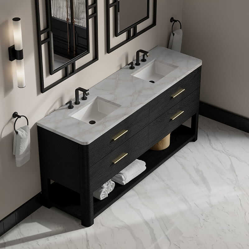 James Martin Lucian 72 Inch Double Vanity in Carbon Oak With Victorian Silver Silestone Widespread Top