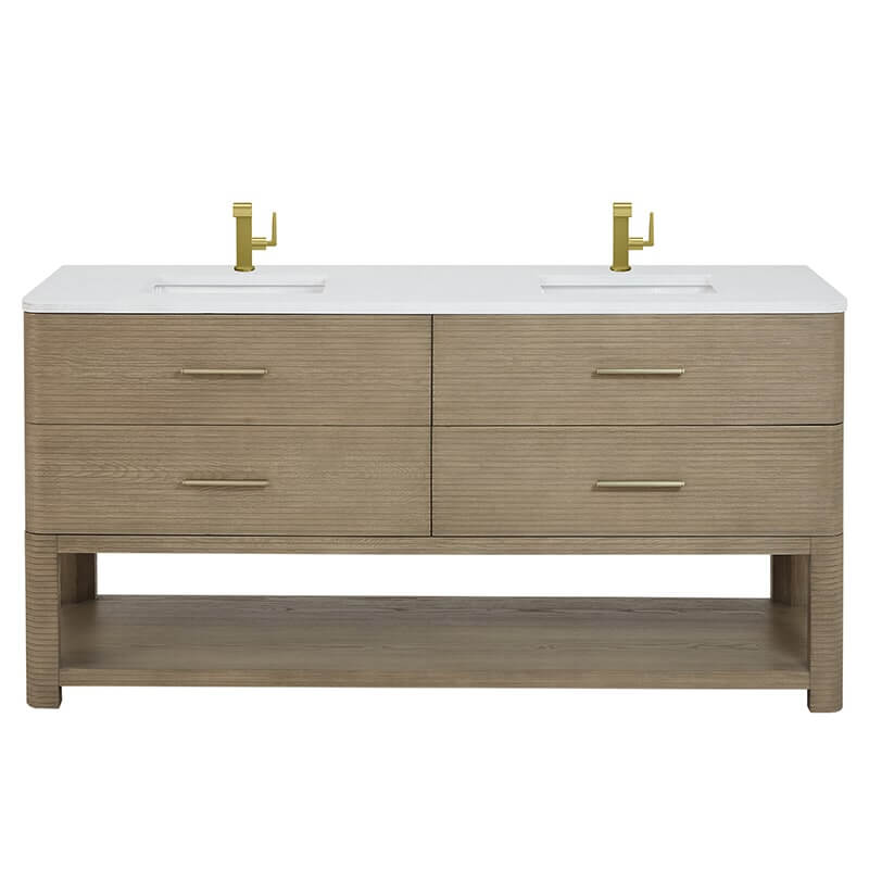 James Martin Lucian 72 Inch Double Vanity in Pebble Oak With White Zeus Silestone Top