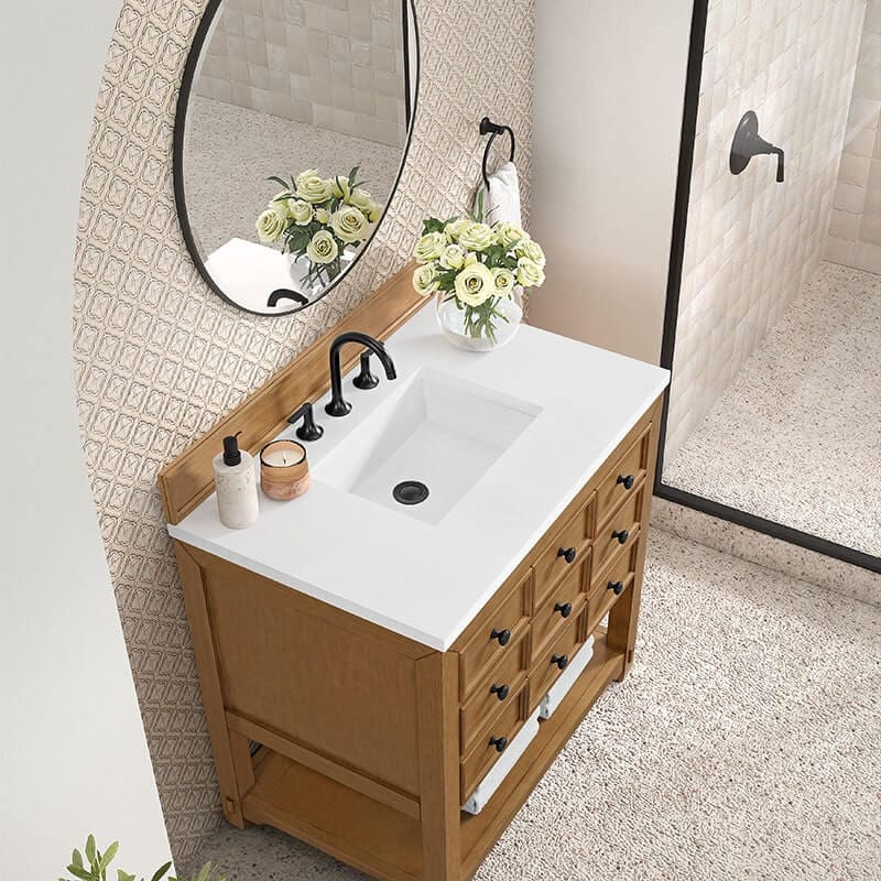 James Martin Malibu 36 Inch Single Vanity Amber Birch With White Zeus Top-Min