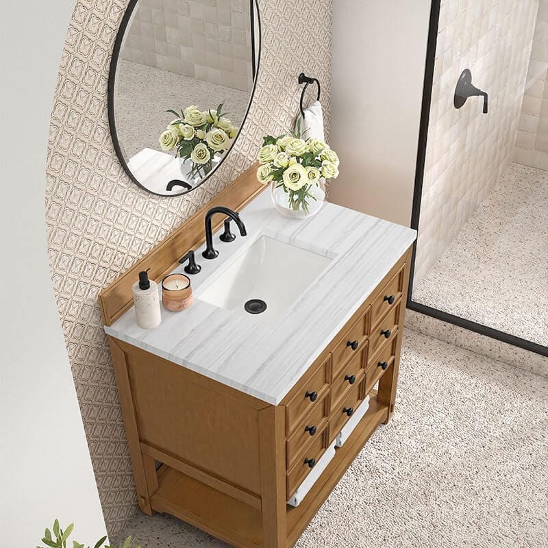 James Martin Malibu 36" Single Vanity Amber Birch With Arctic Fall Top