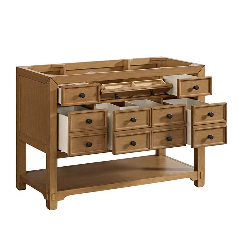 james martin malibu 48" single vanity amber birch corner view open doors
