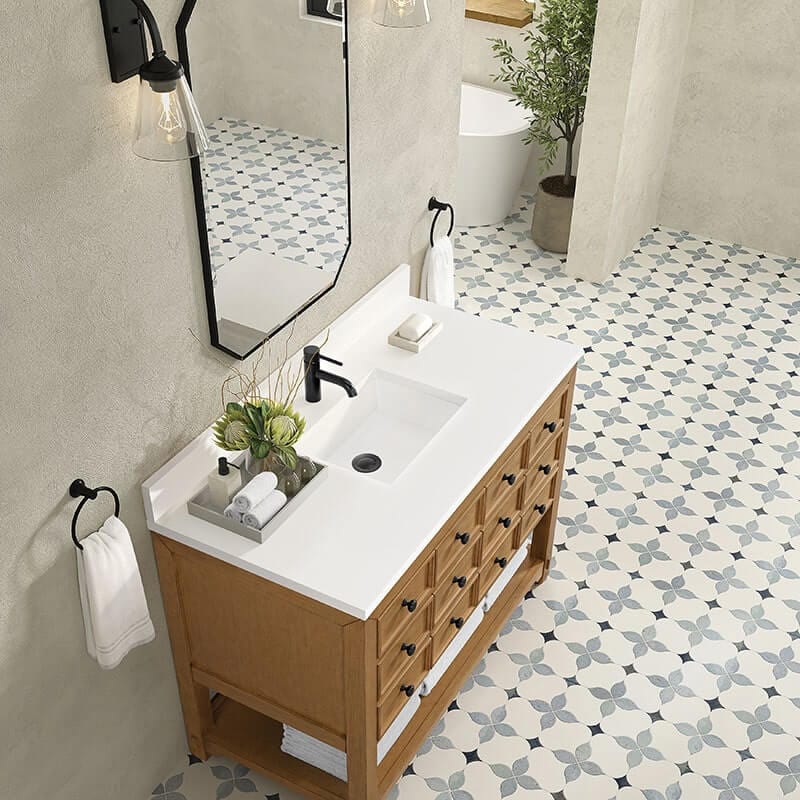 James Martin Malibu 48" Single Vanity With single Hole Faucet White Zeus Silestone Top Backsplash