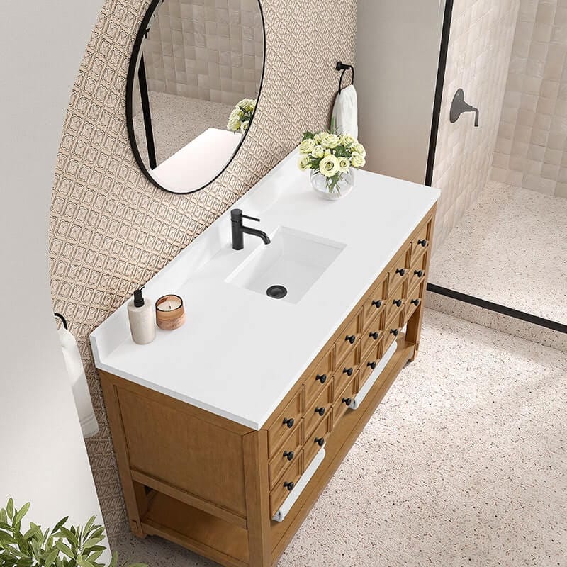 James Martin Malibu 60 Inch Single Vanity Amber Birch With Single Hole Faucet White Zeus Top & Backsplash