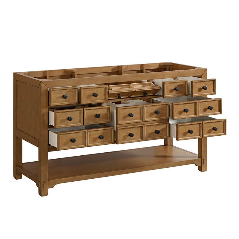 James Martin Malibu 60 Single Vanity Amber Birch Corner View Open Drawer