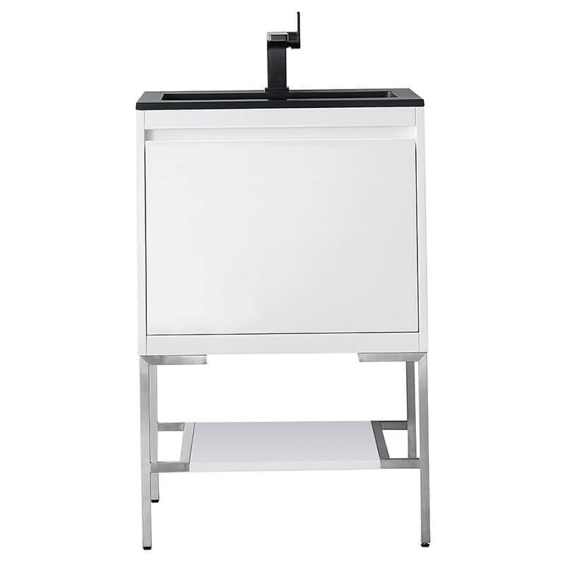 James Martin Mantova 23.6 Inch Single Vanity in Glossy White With Brushed Nickel Base With Charcoal Black Composite Stone Top