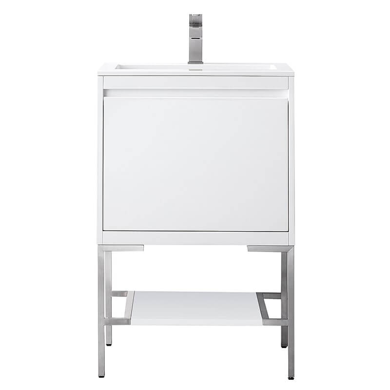 James Martin Mantova 23.6 Inch Single Vanity in Glossy White With Brushed Nickel Base With Glossy White Composite Stone Top