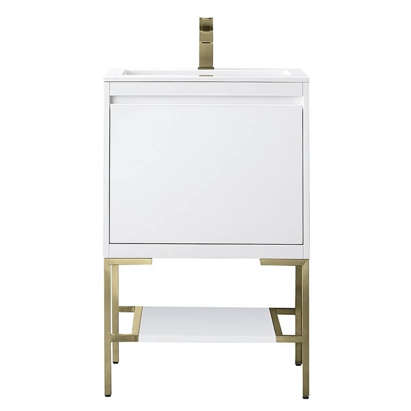 James Martin Mantova 23.6 Inch Single Vanity in Glossy White With Champagne Brass Base With Glossy White Composite Stone Top