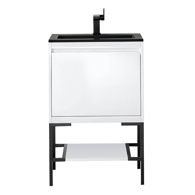 James Martin Mantova 23.6 Inch Single Vanity in Glossy White With Matte Black Base With Charcoal Black Composite Stone Top
