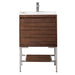 James Martin Mantova 23.6 Inch Single Vanity in Mid Century Walnut With Brushed Nickel Base Glossy White Composite Stone Top