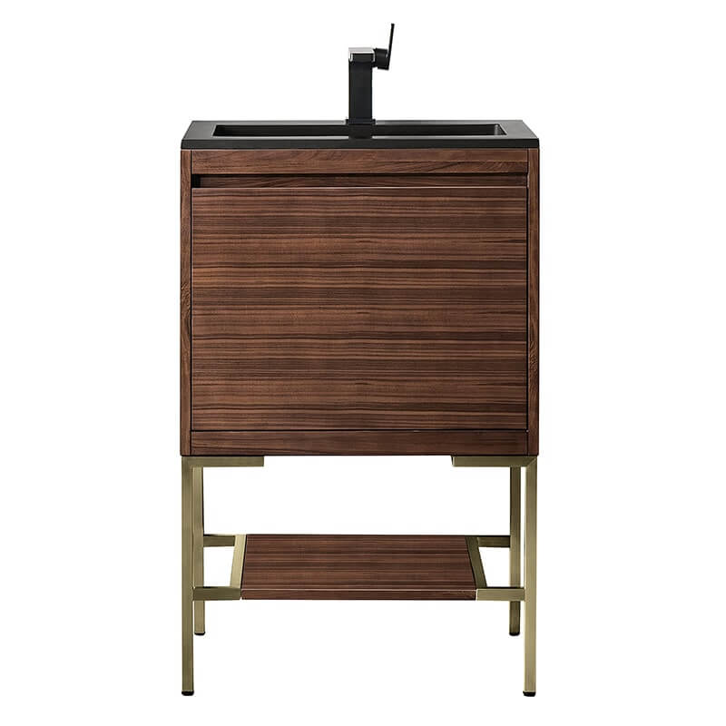 James Martin Mantova 23.6 Inch Single Vanity in Mid Century Walnut With Champagne Brass Base With Charcoal Black Composite Stone Top