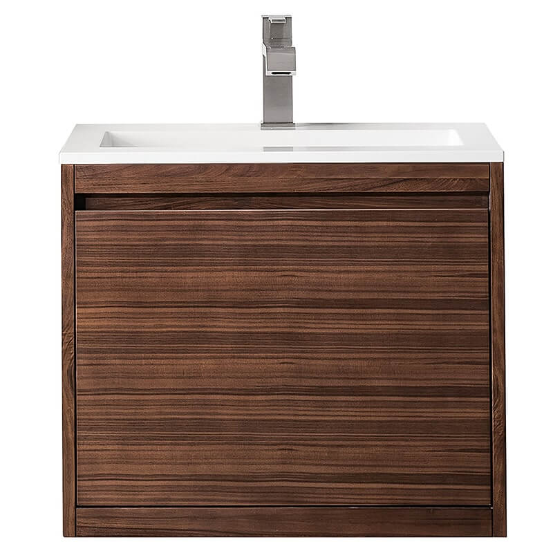 James Martin Mantova 23.6 Inch Single Vanity in Mid Century Walnut Without Base Glossy White Composite Stone Top