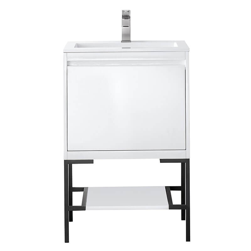 James Martin Mantova 23.6" Single Vanity in Glossy White With Matte Black Base With Glossy White Composite Stone Top