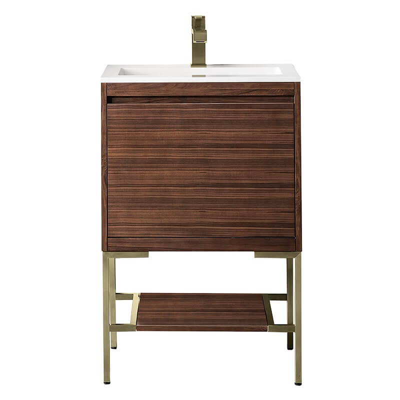 James Martin Mantova 23.6" Single Vanity in Mid Century Walnut With Champagne Brass Base With Glossy White Composite Stone Top