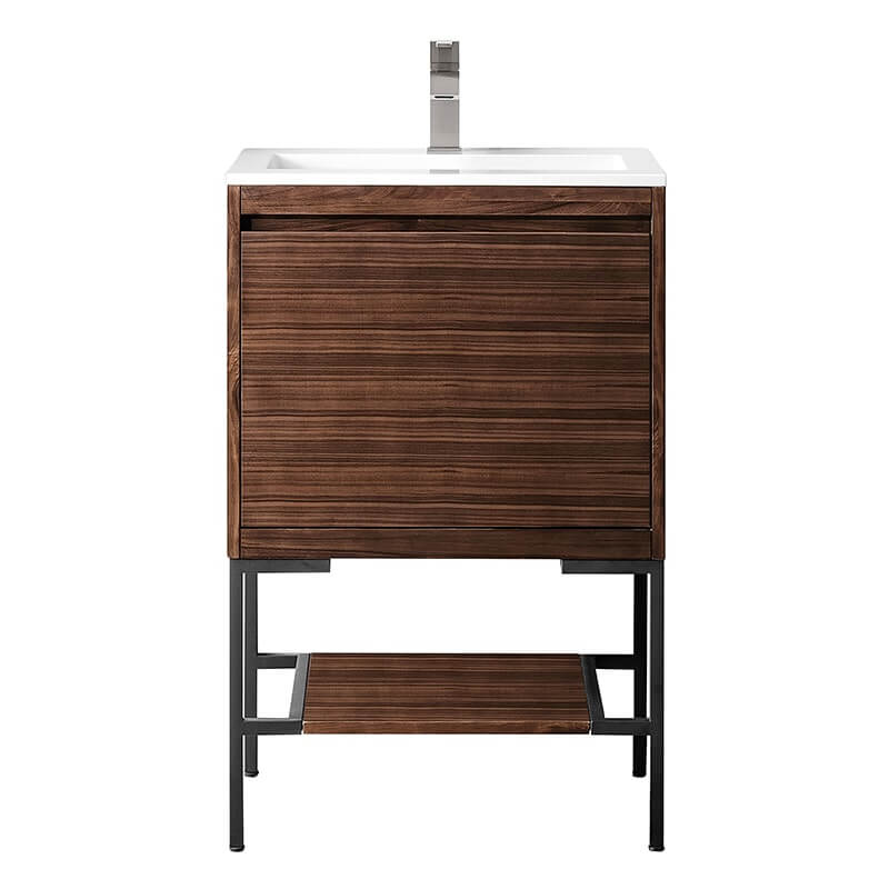 James Martin Mantova 23.6" Single Vanity in Mid Century Walnut With Matte Black Base With Glossy White Composite Stone Top
