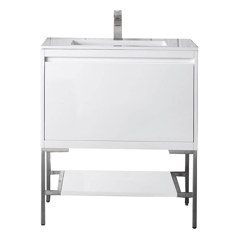James Martin Mantova 31.5 Inch Single Vanity in Glossy White With Brushed Nickel Base With Glossy White Composite Stone Top