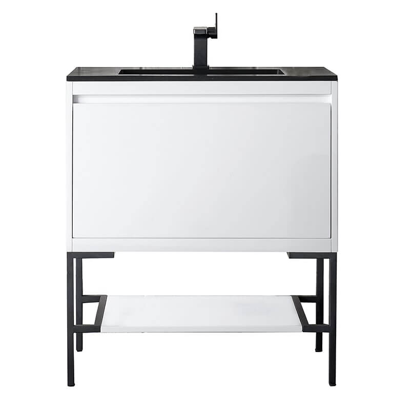 James Martin Mantova 31.5 Inch Single Vanity in Glossy White With Matte Black Base With Charcoal Black Composite Stone Top