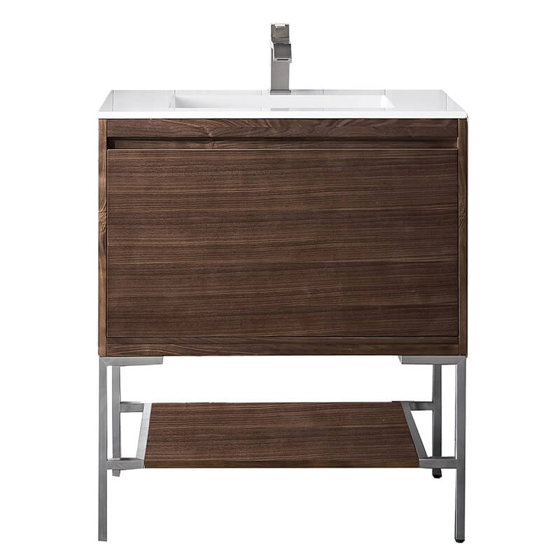 James Martin Mantova 31.5 Inch Single Vanity in Mid Century Walnut With Brushed Nickel Base With Glossy White Composite Stone Top