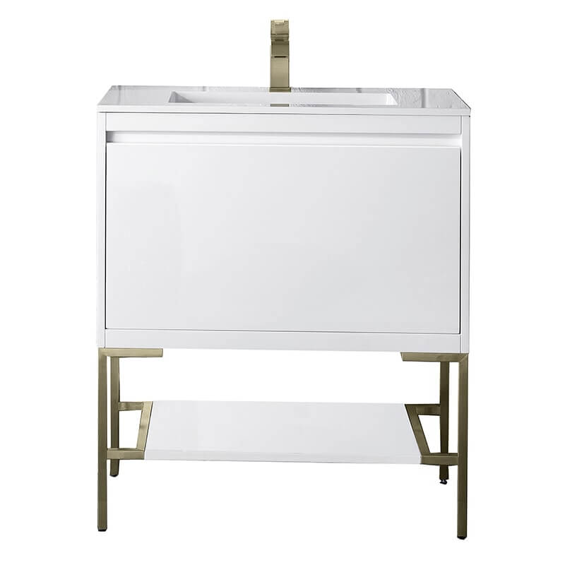 James Martin Mantova 31.5" Single Vanity in Glossy White With Champagne Brass Base With Glossy White Composite Stone Top