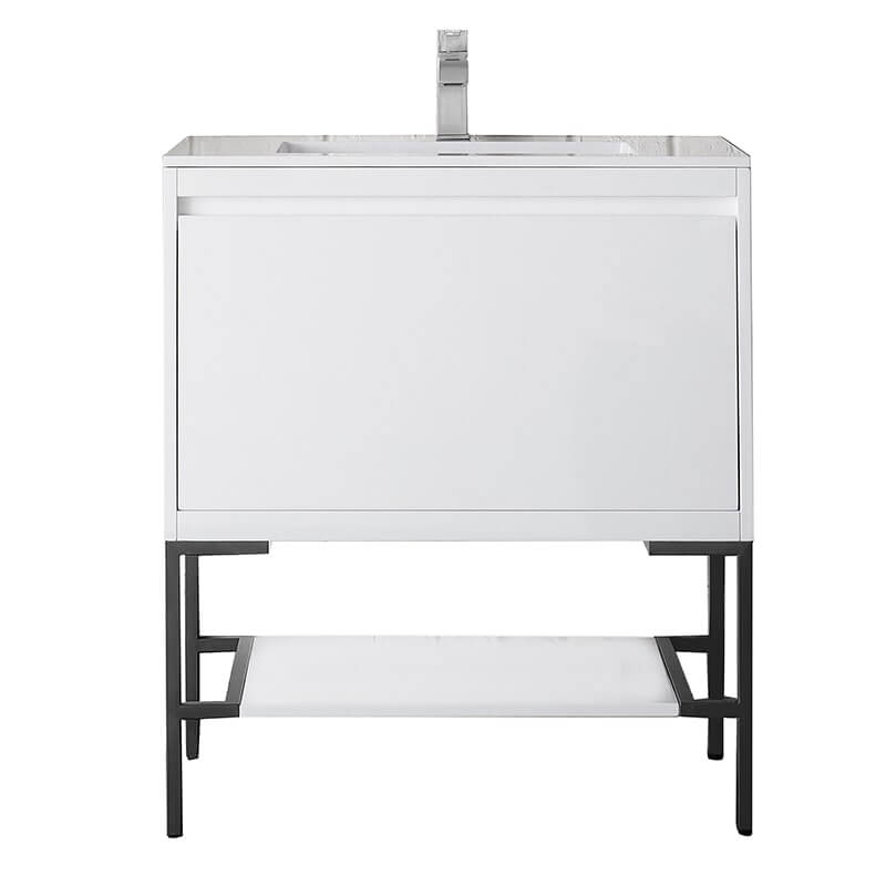 James Martin Mantova 31.5" Single Vanity in Glossy White With Matte Black Base With Glossy White Composite Stone Top