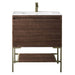 James Martin Mantova 31.5" Single Vanity in Mid Century Walnut With Champagne Brass Base With Glossy White Composite Stone Top