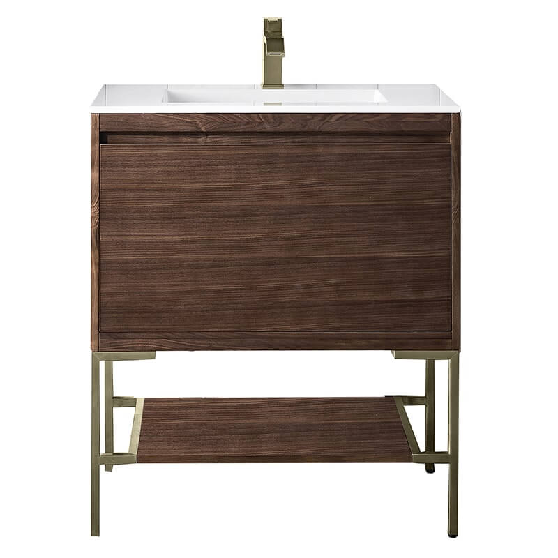 James Martin Mantova 31.5" Single Vanity in Mid Century Walnut With Champagne Brass Base With Glossy White Composite Stone Top