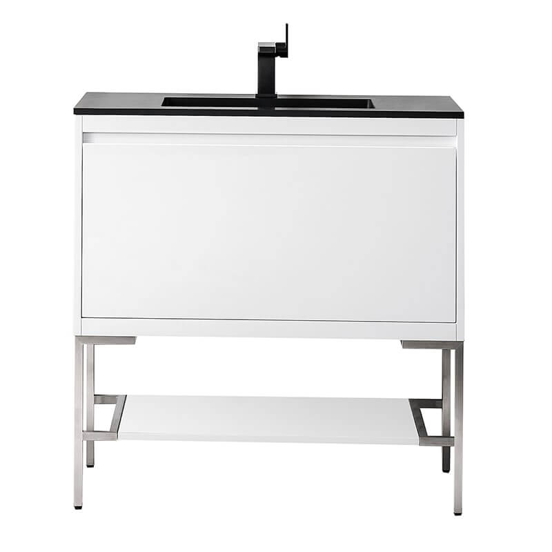 James Martin Mantova 35.4 Inch Single Vanity in Glossy White With Brushed Nickel Base With Charcoal Black Composite Stone Top