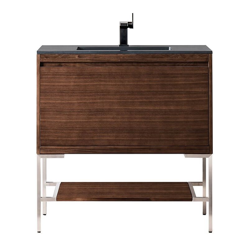 James Martin Mantova 35.4 Inch Single Vanity in Mid Century Walnut With Brushed Nickel Base With Charcoal Black Composite Stone Top